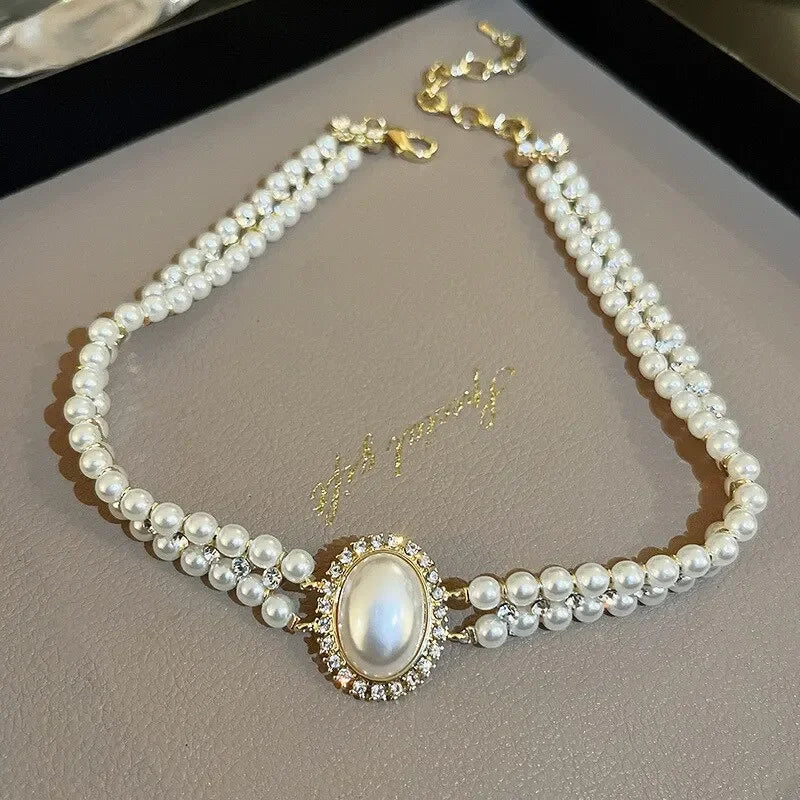 Oval Imitation Pearl Rhinestones Double-Layered Ckokers Necklaces for Women Light Luxury Temperament Fashion Jewelry Party Gifts
