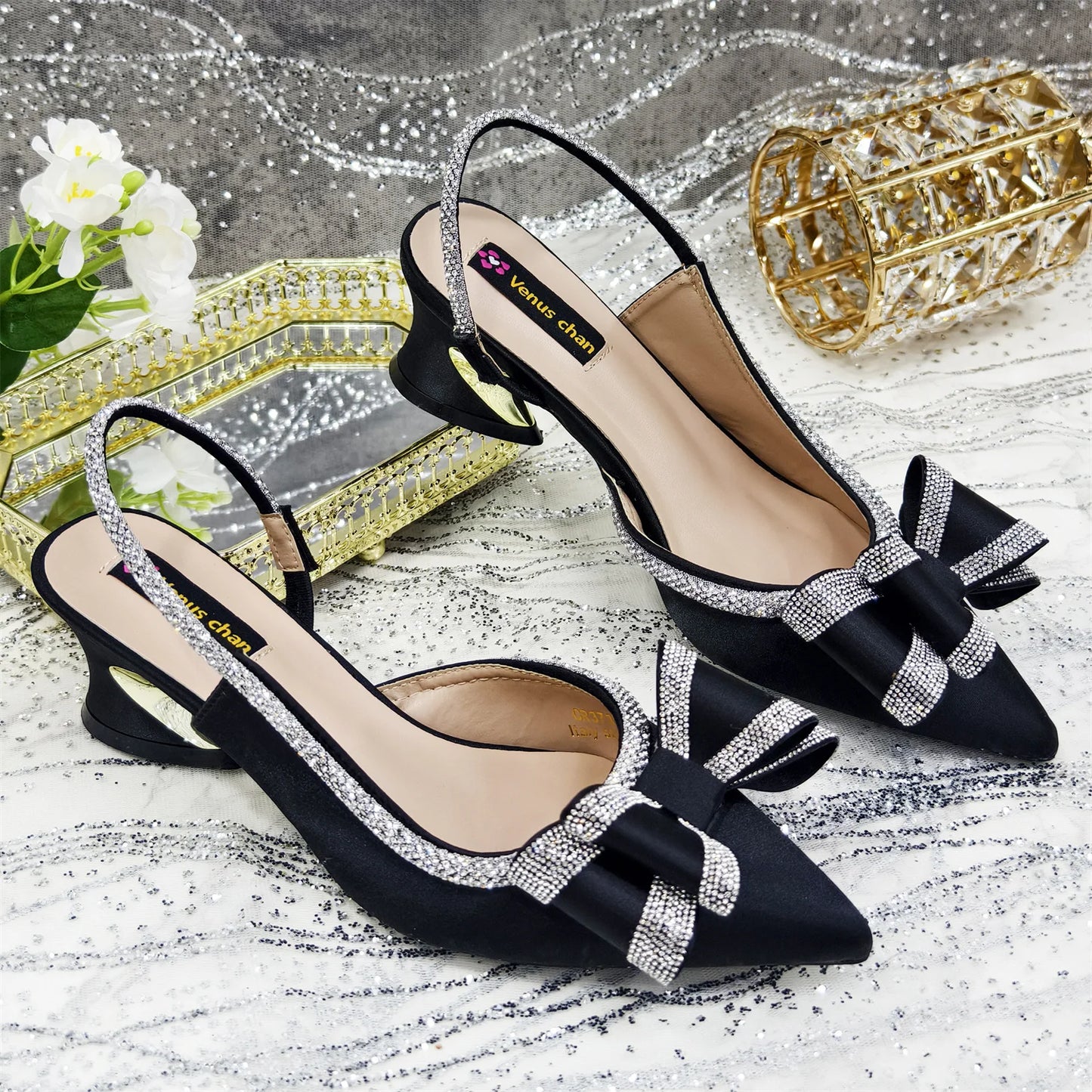 Venus Chan 2025 American Fashion Wonem Shoes And Bags for Party Rhinestone Bow Pointed-Toe Women's High Heels Wedding Shoes