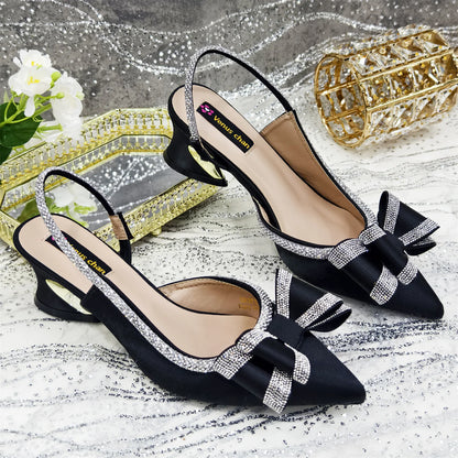 Venus Chan 2025 American Fashion Wonem Shoes And Bags for Party Rhinestone Bow Pointed-Toe Women's High Heels Wedding Shoes