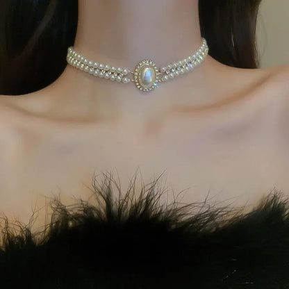 Oval Imitation Pearl Rhinestones Double-Layered Ckokers Necklaces for Women Light Luxury Temperament Fashion Jewelry Party Gifts