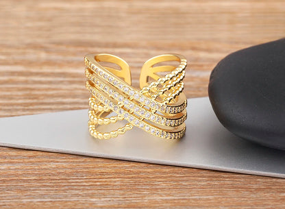 Nidin Multilayer Crossed Rings for Women Opening Adjustable Gold Plated New Trend Luxury Wedding Aesthetic Jewelry anillos mujer