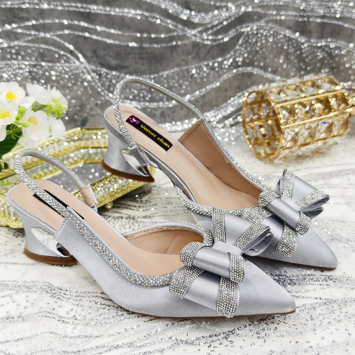 Venus Chan 2025 American Fashion Wonem Shoes And Bags for Party Rhinestone Bow Pointed-Toe Women's High Heels Wedding Shoes