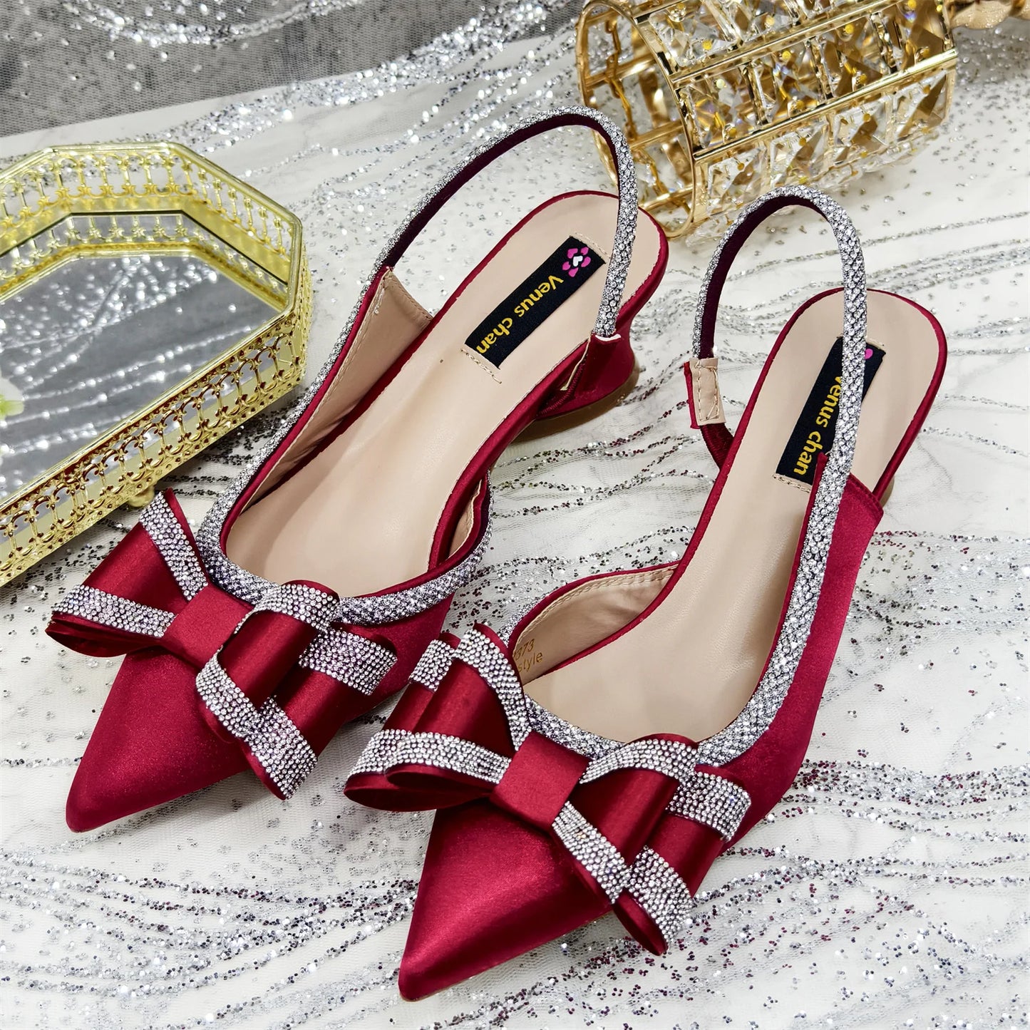 Venus Chan 2025 American Fashion Wonem Shoes And Bags for Party Rhinestone Bow Pointed-Toe Women's High Heels Wedding Shoes