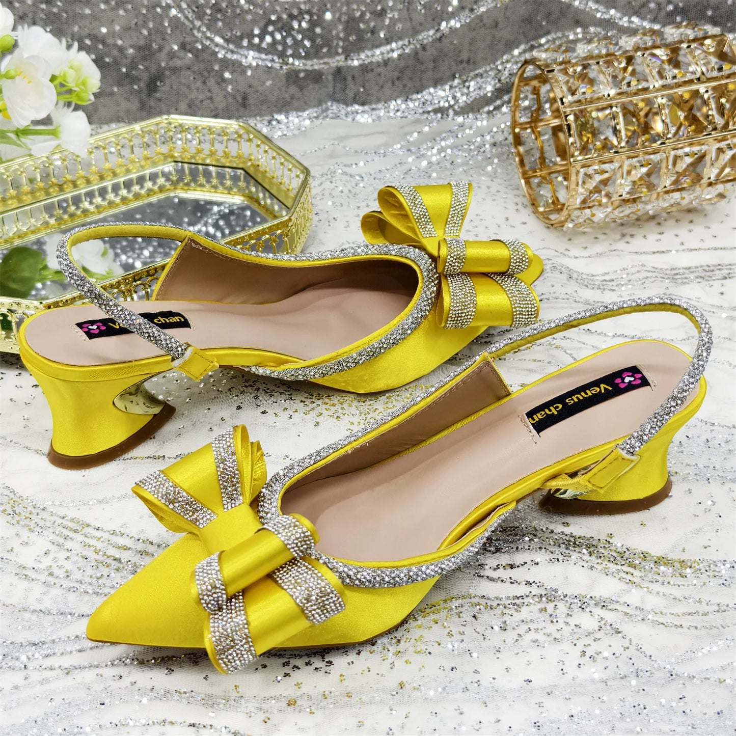 Venus Chan 2025 American Fashion Wonem Shoes And Bags for Party Rhinestone Bow Pointed-Toe Women's High Heels Wedding Shoes