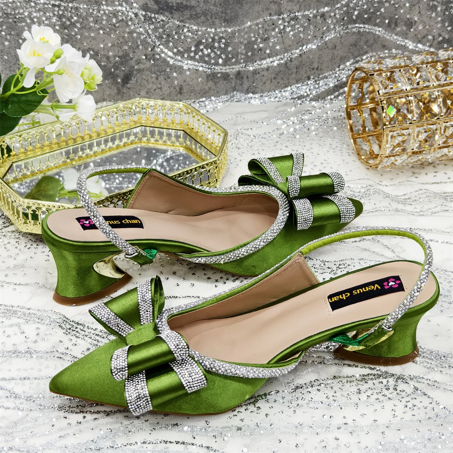Venus Chan 2025 American Fashion Wonem Shoes And Bags for Party Rhinestone Bow Pointed-Toe Women's High Heels Wedding Shoes
