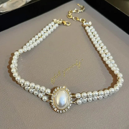 Oval Imitation Pearl Rhinestones Double-Layered Ckokers Necklaces for Women Light Luxury Temperament Fashion Jewelry Party Gifts