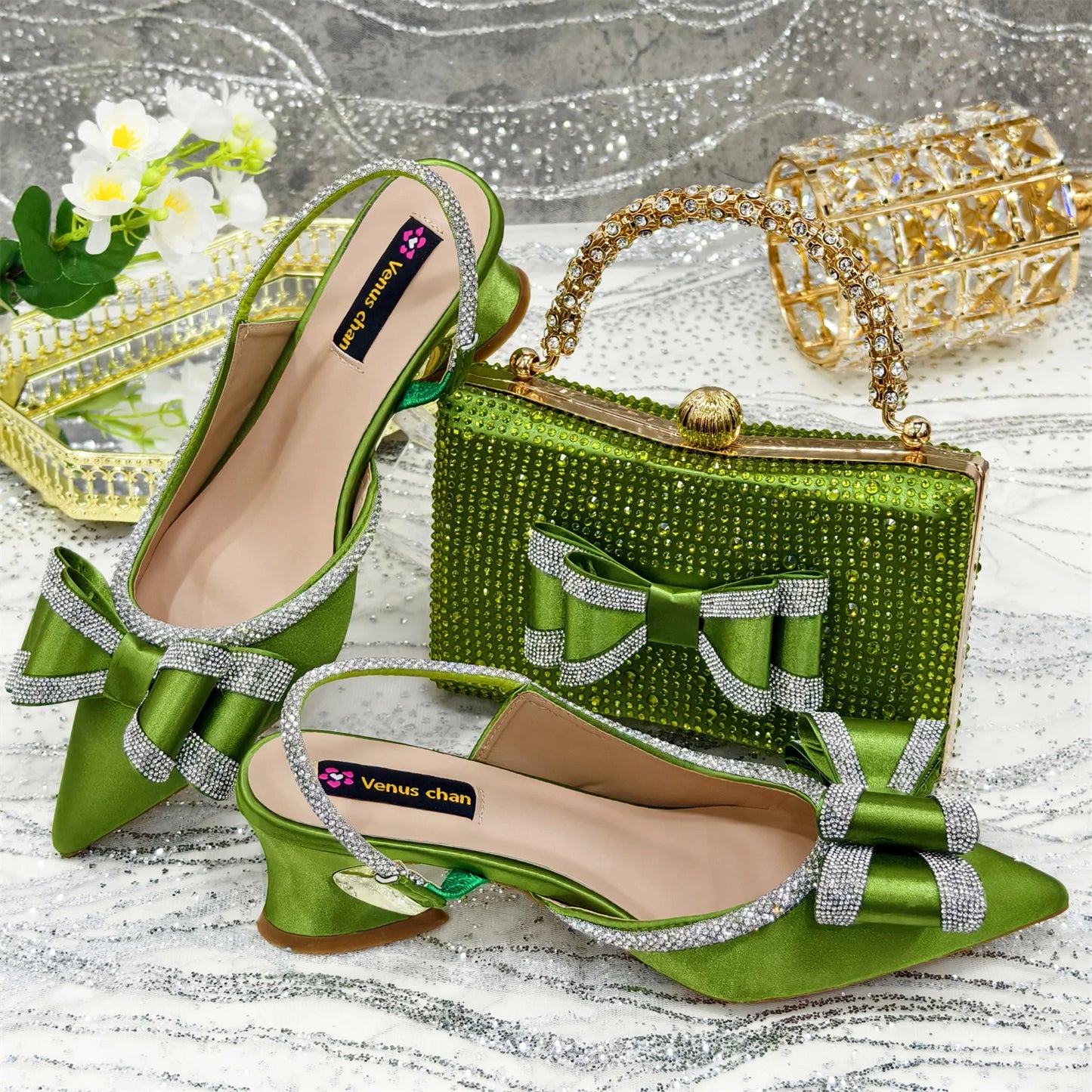 Venus Chan 2025 American Fashion Wonem Shoes And Bags for Party Rhinestone Bow Pointed-Toe Women's High Heels Wedding Shoes