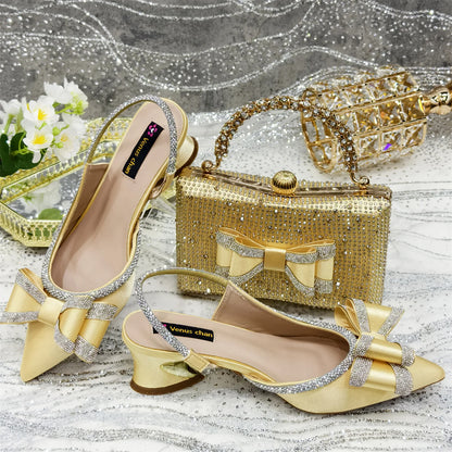 Venus Chan 2025 American Fashion Wonem Shoes And Bags for Party Rhinestone Bow Pointed-Toe Women's High Heels Wedding Shoes