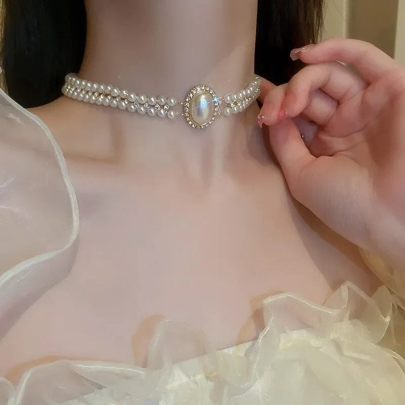 Oval Imitation Pearl Rhinestones Double-Layered Ckokers Necklaces for Women Light Luxury Temperament Fashion Jewelry Party Gifts
