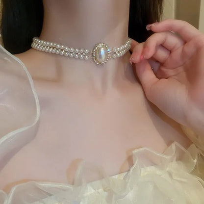 Oval Imitation Pearl Rhinestones Double-Layered Ckokers Necklaces for Women Light Luxury Temperament Fashion Jewelry Party Gifts