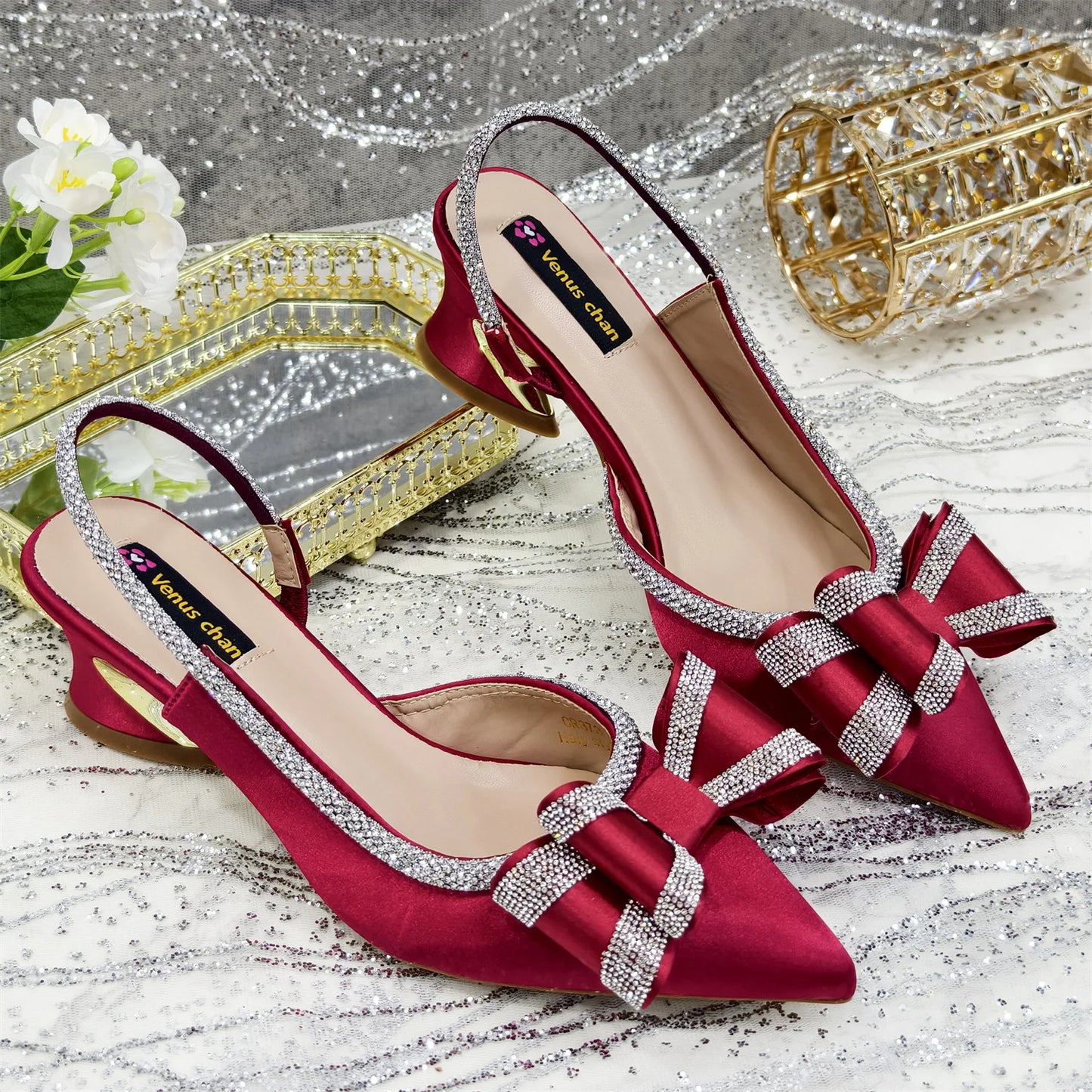 Venus Chan 2025 American Fashion Wonem Shoes And Bags for Party Rhinestone Bow Pointed-Toe Women's High Heels Wedding Shoes