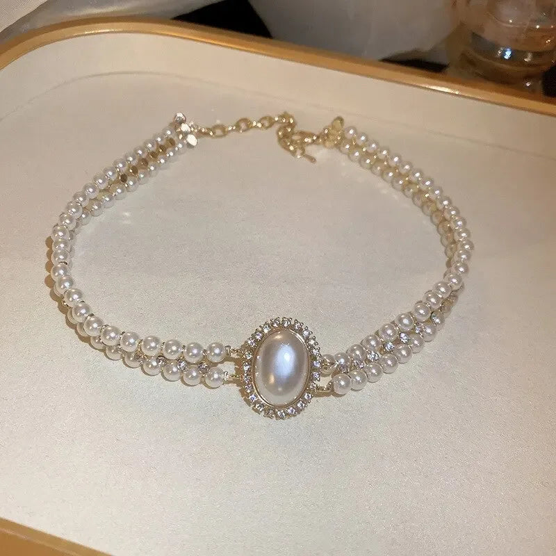 Oval Imitation Pearl Rhinestones Double-Layered Ckokers Necklaces for Women Light Luxury Temperament Fashion Jewelry Party Gifts