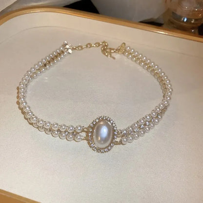 Oval Imitation Pearl Rhinestones Double-Layered Ckokers Necklaces for Women Light Luxury Temperament Fashion Jewelry Party Gifts