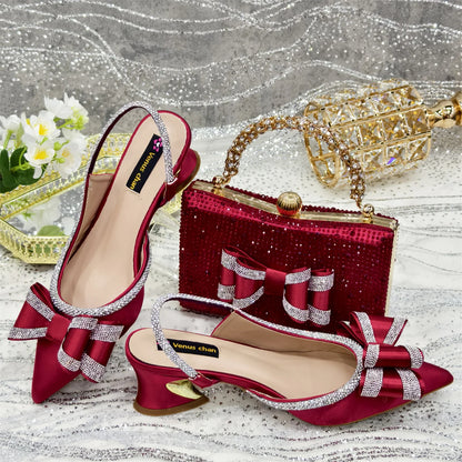 Venus Chan 2025 American Fashion Wonem Shoes And Bags for Party Rhinestone Bow Pointed-Toe Women's High Heels Wedding Shoes