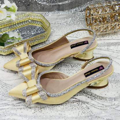 Venus Chan 2025 American Fashion Wonem Shoes And Bags for Party Rhinestone Bow Pointed-Toe Women's High Heels Wedding Shoes