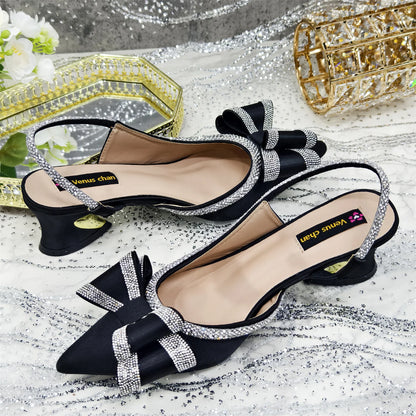Venus Chan 2025 American Fashion Wonem Shoes And Bags for Party Rhinestone Bow Pointed-Toe Women's High Heels Wedding Shoes
