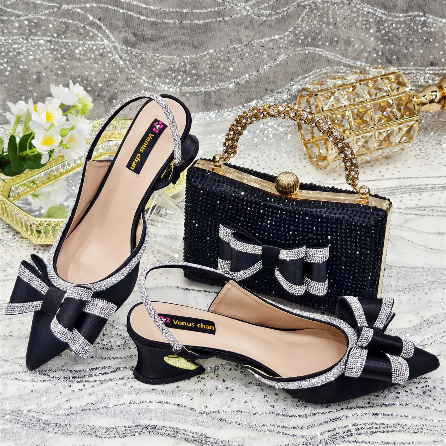Venus Chan 2025 American Fashion Wonem Shoes And Bags for Party Rhinestone Bow Pointed-Toe Women's High Heels Wedding Shoes