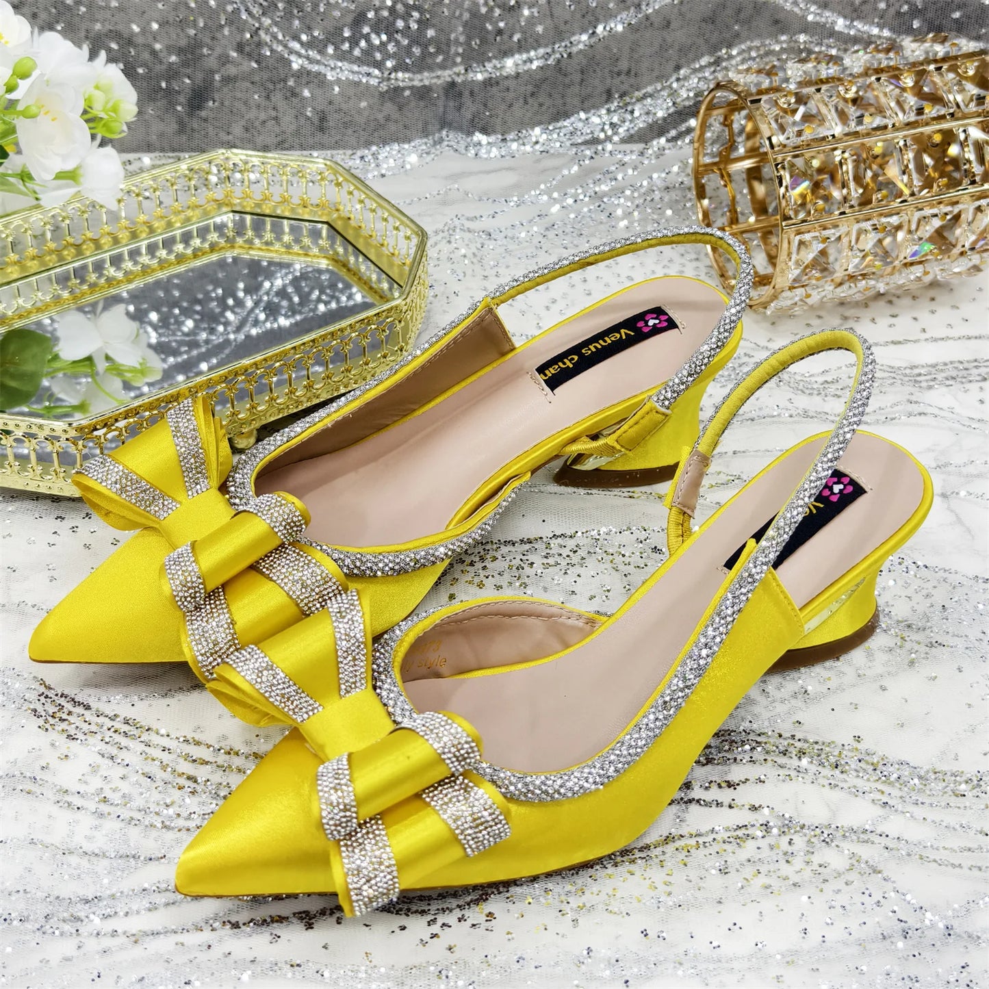 Venus Chan 2025 American Fashion Wonem Shoes And Bags for Party Rhinestone Bow Pointed-Toe Women's High Heels Wedding Shoes