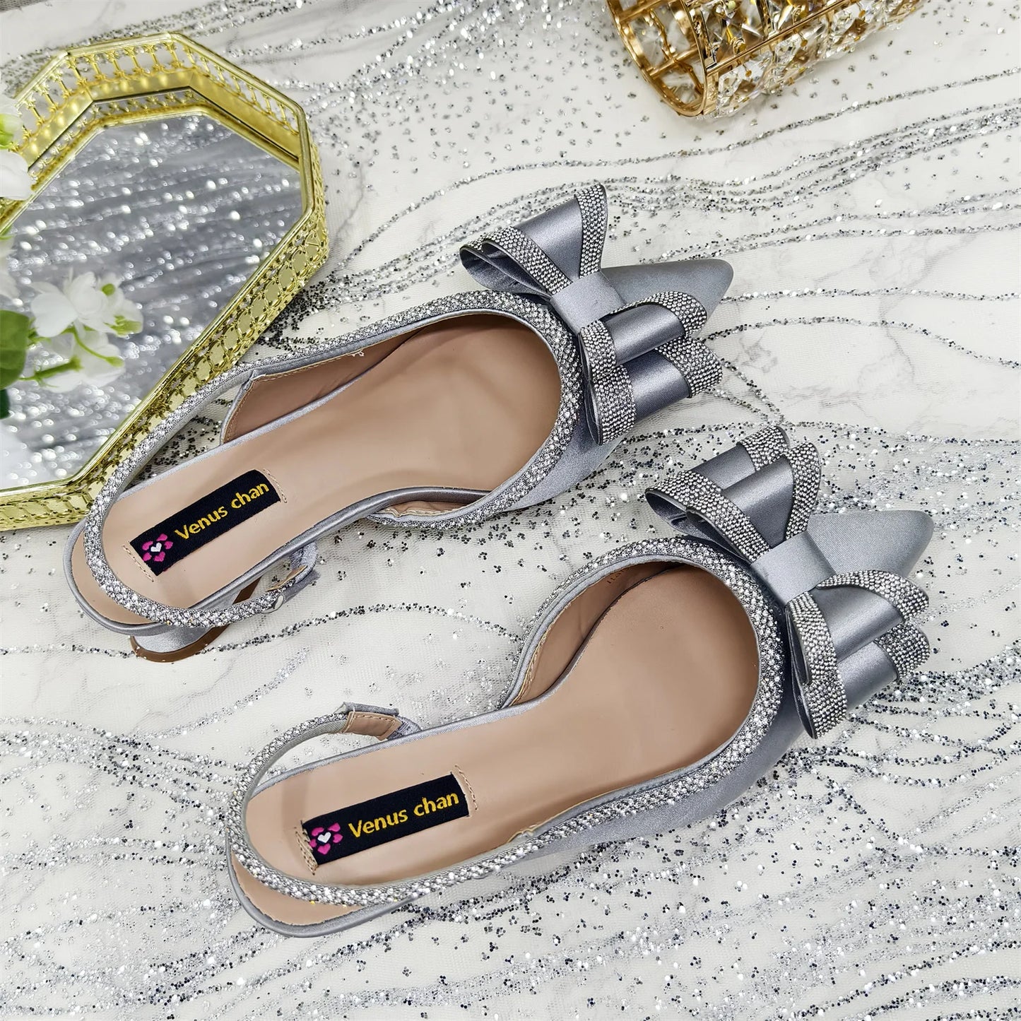 Venus Chan 2025 American Fashion Wonem Shoes And Bags for Party Rhinestone Bow Pointed-Toe Women's High Heels Wedding Shoes