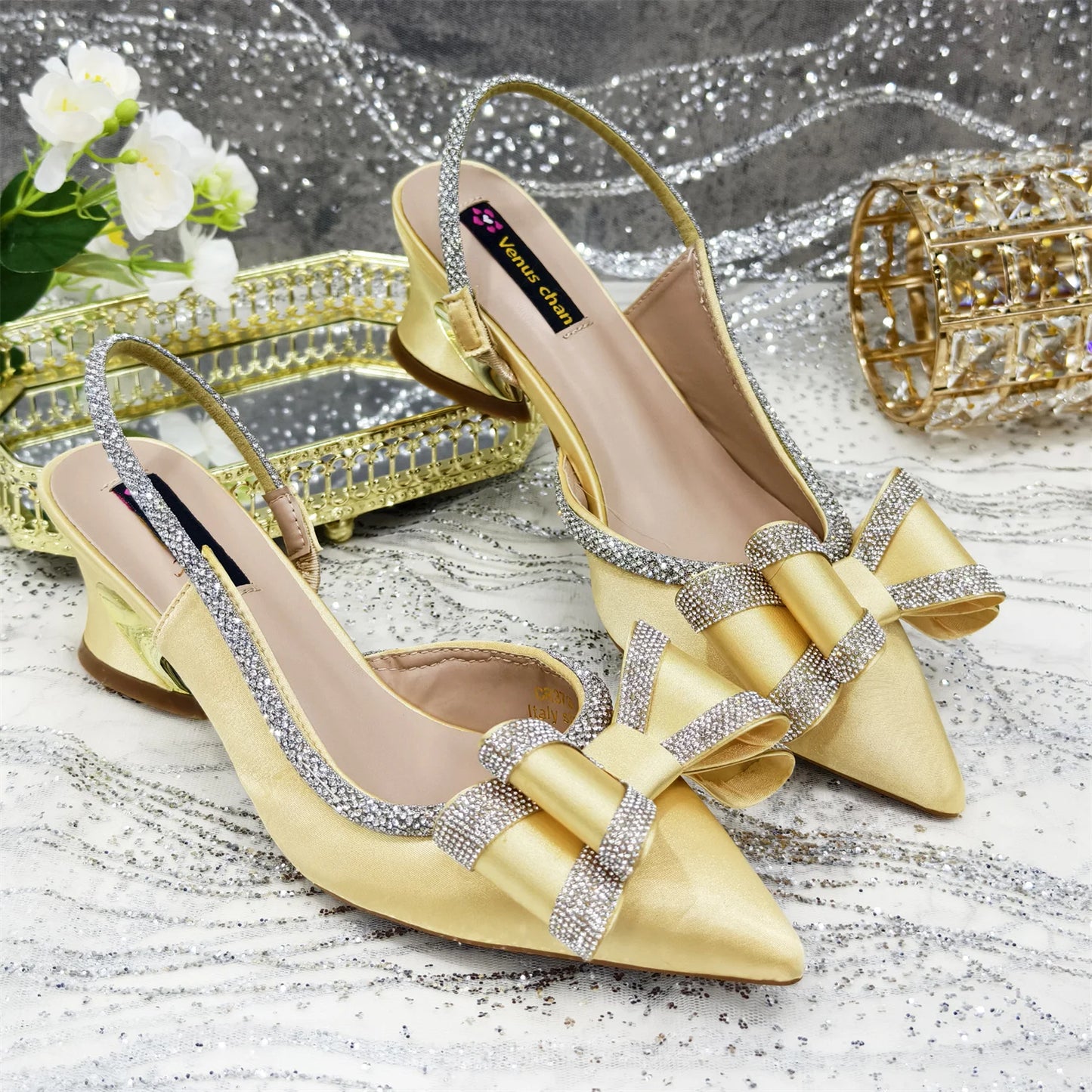 Venus Chan 2025 American Fashion Wonem Shoes And Bags for Party Rhinestone Bow Pointed-Toe Women's High Heels Wedding Shoes